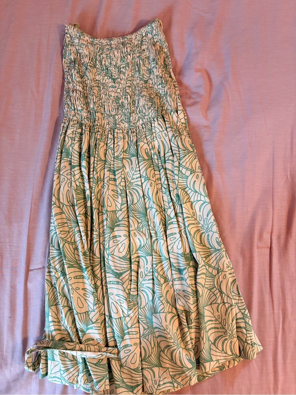 Smocked Strapless Green Leaf Print Mini Dress